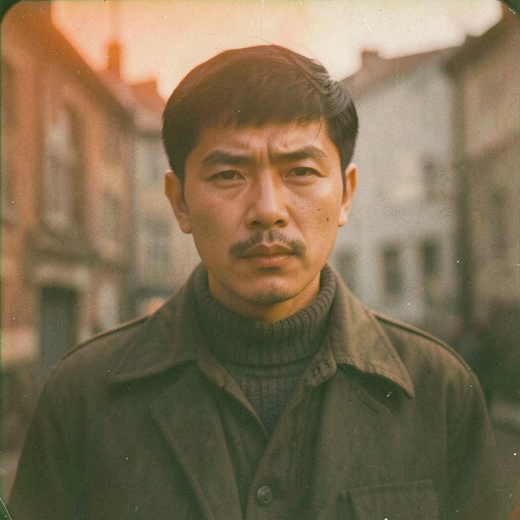 戦時下の静寂と謎めいた男の存在感、灰色と深い青が支配するミステリアスなアナログ写真