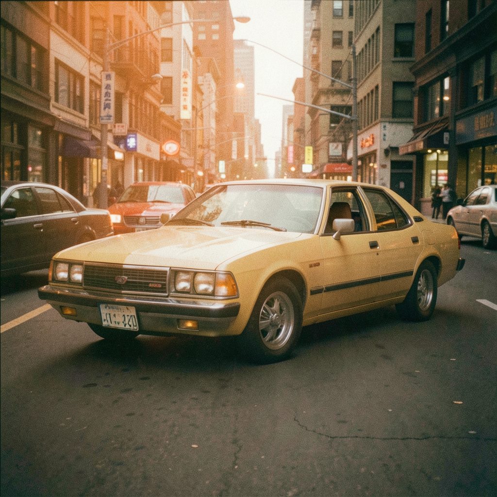 1980年代のネオンとハイテクカー、夜の都市を疾走する未来的な光景を捉えたアナログ写真